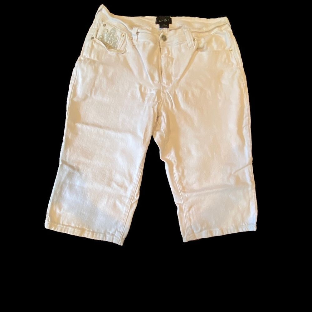 0112 U-51 White Embroidered Denim Capri Jeans Size 14
